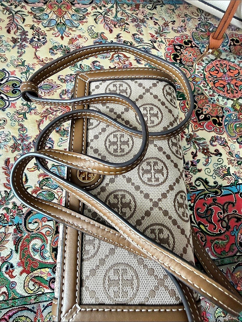 Tory Burch T Monogram Jacquard Chain Wallet Crossbody Brown & Cream - Picture 3 of 6